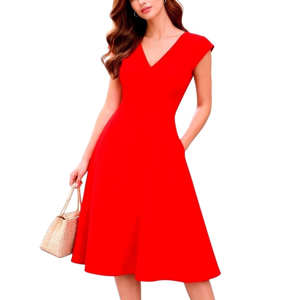 London Times Quiet‎ Luxury Red V-Neck Fit & Flare Textured Crepe Dress Size 12